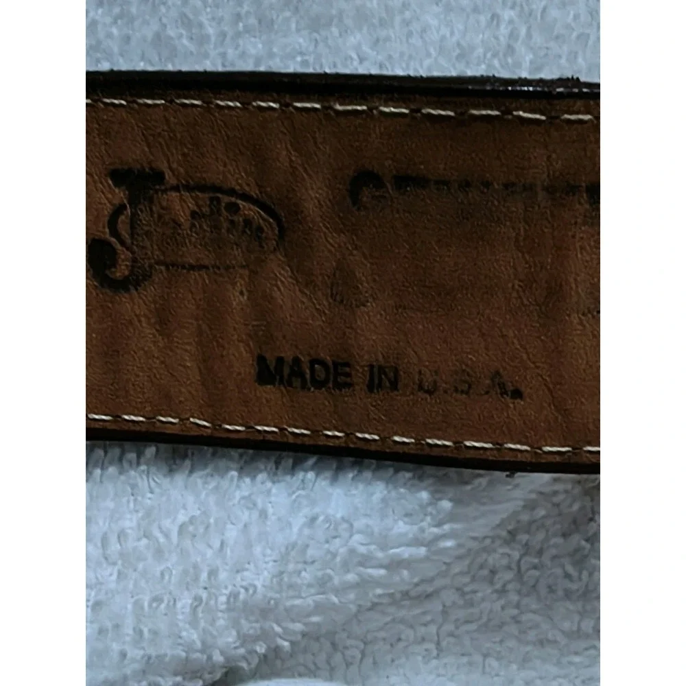 Justin Genuine Ostrich Belt Sz 38 Embroidered Adjustable Belt Brown Aztec Buckle